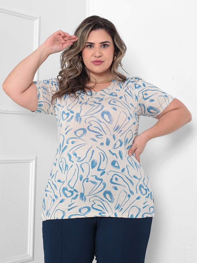 BLUSA  GOLA V ESTAMPADA AZUL