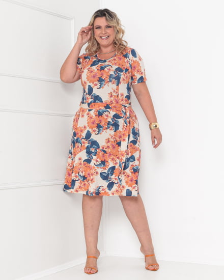 VESTIDO GOLA REDONDA ESTAMPA FLORAL LARANJA